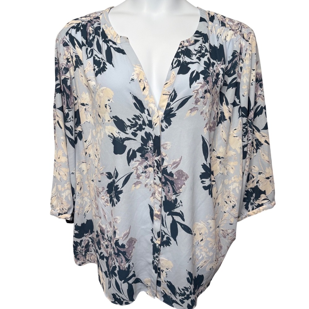 NYDJ Blue Floral Split Neck Blouse 3X Pleated Back Boho-Chic Flowy Career Modest